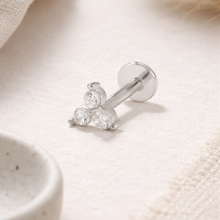 Load image into Gallery viewer, Silver earring with clear gemstones on a light background